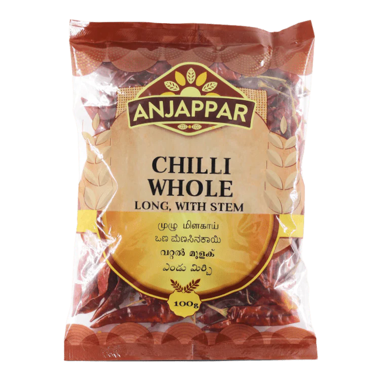 ANJAPPAR Getrocknete Chilischoten ganz (mit Stiel) 100g